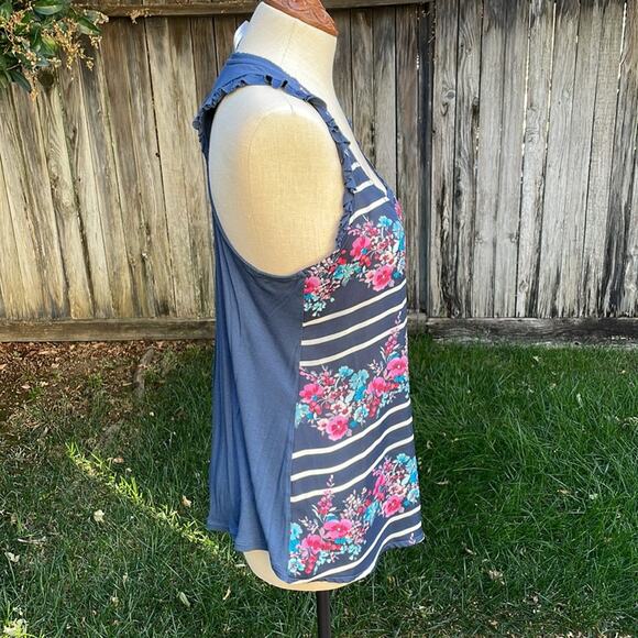 LC Lauren Conrad Sleeveless Top Blouse Floral Ruffle Blue Tank Women's Small - Picture 3 of 10